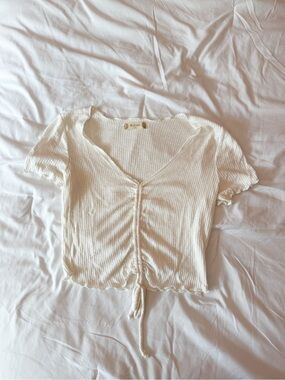 Altar’d State White Ribbed Lettuce Edge Cinch Front Blouse Size Small